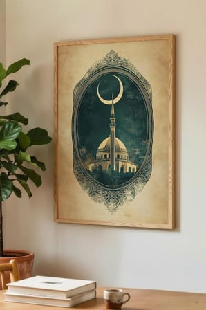Gece Gökyüzü Altında Cami ve Ay Motif Tekli Ahşap Tablo Doğal Ahşap Çerçeveli Ev ve İş Yeri Tablosu