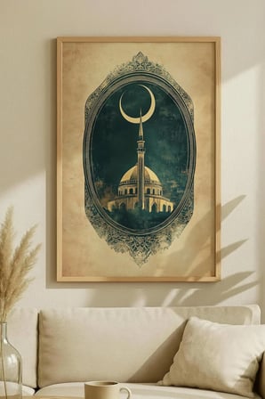 Gece Gökyüzü Altında Cami ve Ay Motif Tekli Ahşap Tablo Doğal Ahşap Çerçeveli Ev ve İş Yeri Tablosu