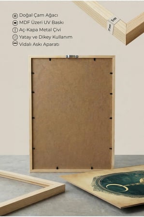 Gece Gökyüzü Altında Cami ve Ay Motif Tekli Ahşap Tablo Doğal Ahşap Çerçeveli Ev ve İş Yeri Tablosu