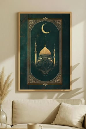Zümrüt Yeşili Cami ve Hilal Manzaralı Tekli Ahşap Tablo Doğal Ahşap Çerçeveli Ev ve İş Yeri Tablosu