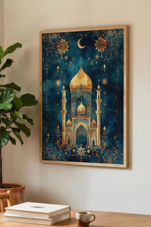 Altın İşlemeli Cami ve Hilal Manzaralı Tekli Ahşap Tablo - Doğal Ahşap Çerçeveli Ev ve İş Tablosu