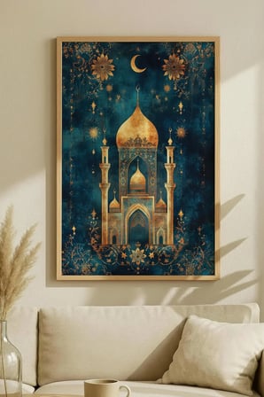 Altın İşlemeli Cami ve Hilal Manzaralı Tekli Ahşap Tablo - Doğal Ahşap Çerçeveli Ev ve İş Tablosu