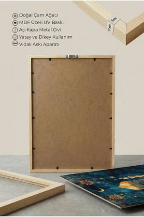 Altın İşlemeli Cami ve Hilal Manzaralı Tekli Ahşap Tablo - Doğal Ahşap Çerçeveli Ev ve İş Tablosu