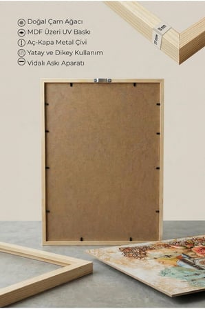 Pastel Tonlu Gül Motifli ve Cami Manzaralı Tekli Ahşap Tablo Doğal Ahşap Çerçeveli Ev ve İş Tablosu