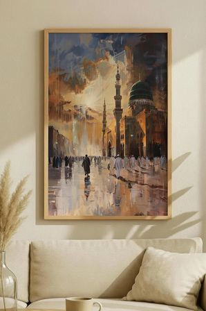 Yağlı Boya Görünümlü Mescid-i Nebevi Tekli Ahşap Tablo - Doğal Ahşap Çerçeveli Ev ve İş Yeri Tablosu