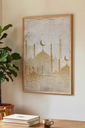 Minimalist Altın Renkli Cami Silüeti Tekli Ahşap Tablo Doğal Ahşap Çerçeveli Ev ve İş Yeri Tablosu