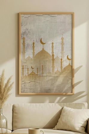 Minimalist Altın Renkli Cami Silüeti Tekli Ahşap Tablo Doğal Ahşap Çerçeveli Ev ve İş Yeri Tablosu