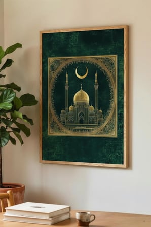 Zümrüt Yeşili Altın İşlemeli Cami Tekli Ahşap Tablo - Doğal Ahşap Çerçeveli Ev ve İş Yeri Tablosu