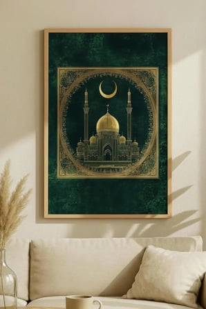 Zümrüt Yeşili Altın İşlemeli Cami Tekli Ahşap Tablo - Doğal Ahşap Çerçeveli Ev ve İş Yeri Tablosu