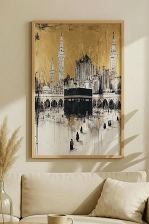 Altın Dokulu Soyut Kabe ve Mescid-i Haram Tekli Ahşap Tablo - Doğal Ahşap Çerçeveli Ev ve İş Tablosu