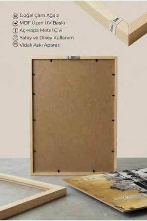 Altın Dokulu Soyut Kabe ve Mescid-i Haram Tekli Ahşap Tablo - Doğal Ahşap Çerçeveli Ev ve İş Tablosu