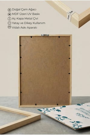 Mavi Çiçek Motifli Arapça Ayet Tablosu Tekli Ahşap Tablo - Doğal Ahşap Çerçeveli Ev ve İş Tablosu