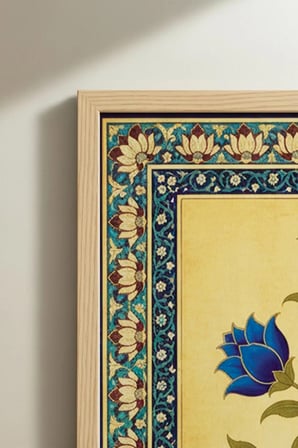 Zarif Mavi Çiçek Desenli Tekli Ahşap Tablo - Doğal Ahşap Çerçeveli Ev ve İş Yeri Tablosu