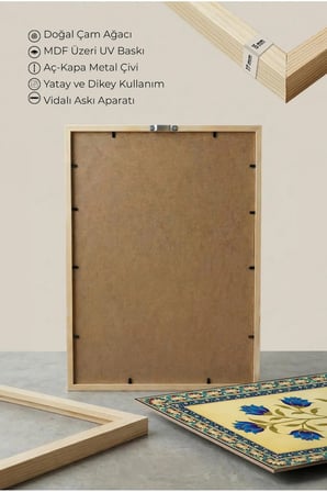 Zarif Mavi Çiçek Desenli Tekli Ahşap Tablo - Doğal Ahşap Çerçeveli Ev ve İş Yeri Tablosu