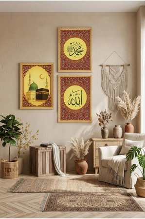 Allah ve Muhammed Lafzı Yazılı Keba Temalı Üçlü Ahşap Tablo - Doğal Ahşap Çerçeveli Ev ve İş Tablosu