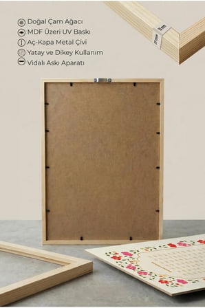 Nazar Duası - Esmaül Hüsna ve Elif Yazılı Üçlü Ahşap Tablo - Doğal Ahşap Çerçeveli Ev ve İş Tablosu