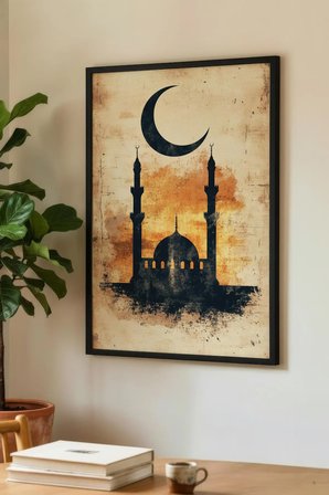 Vintage Cami ve Hilal Silüetli Tekli Ahşap Tablo - Siyah Ahşap Çerçeveli Ev ve İş Yeri Tablosu