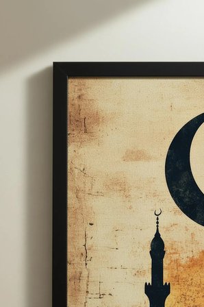 Vintage Cami ve Hilal Silüetli Tekli Ahşap Tablo - Siyah Ahşap Çerçeveli Ev ve İş Yeri Tablosu