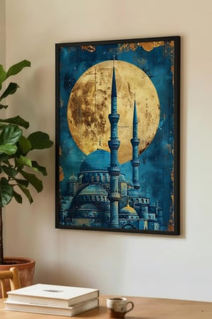 Altın Dolunay ve Mavi Cami Tasarımlı Tekli Ahşap Tablo - Siyah Ahşap Çerçeveli Ev ve İş Yeri Tablosu