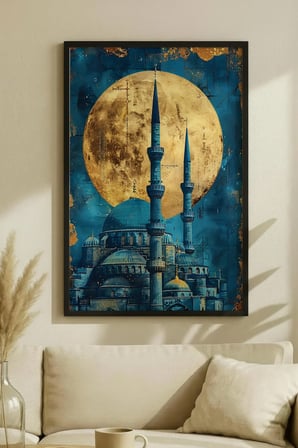 Altın Dolunay ve Mavi Cami Tasarımlı Tekli Ahşap Tablo - Siyah Ahşap Çerçeveli Ev ve İş Yeri Tablosu