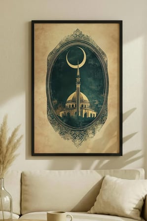 Gece Gökyüzü Altında Cami ve Ay Motif Tekli Ahşap Tablo Siyah Ahşap Çerçeveli Ev ve İş Yeri Tablosu