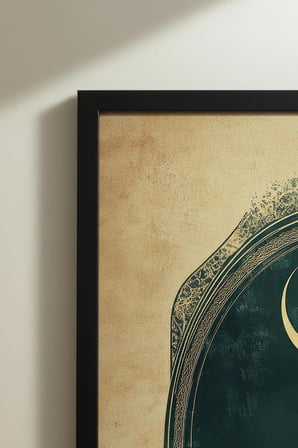 Gece Gökyüzü Altında Cami ve Ay Motif Tekli Ahşap Tablo Siyah Ahşap Çerçeveli Ev ve İş Yeri Tablosu
