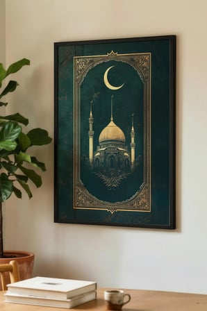 Zümrüt Yeşili Cami ve Hilal Manzaralı Tekli Ahşap Tablo Siyah Ahşap Çerçeveli Ev ve İş Yeri Tablosu
