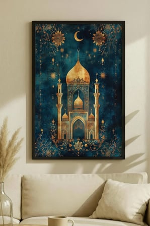Altın İşlemeli Cami ve Hilal Manzaralı Tekli Ahşap Tablo - Siyah Ahşap Çerçeveli Ev ve İş Tablosu