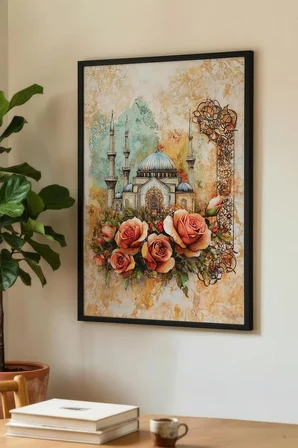 Pastel Tonlu Gül Motifli ve Cami Manzaralı Tekli Ahşap Tablo Siyah Ahşap Çerçeveli Ev ve İş Tablosu