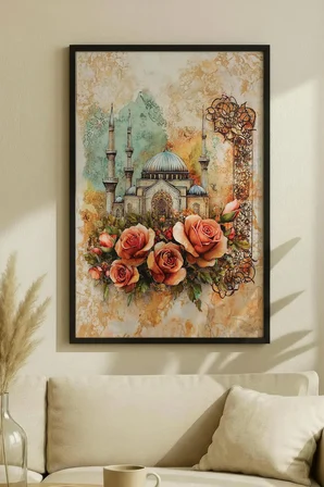 Pastel Tonlu Gül Motifli ve Cami Manzaralı Tekli Ahşap Tablo Siyah Ahşap Çerçeveli Ev ve İş Tablosu