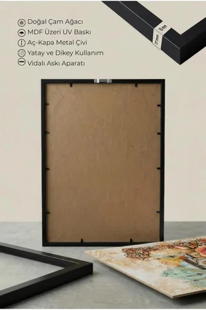 Pastel Tonlu Gül Motifli ve Cami Manzaralı Tekli Ahşap Tablo Siyah Ahşap Çerçeveli Ev ve İş Tablosu
