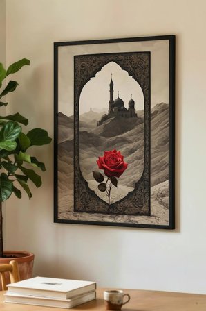 Vintage Desenli Kırmızı Gül ve Cami Motifli Tekli Ahşap Tablo Siyah Ahşap Çerçeveli Ev ve İş Tablosu