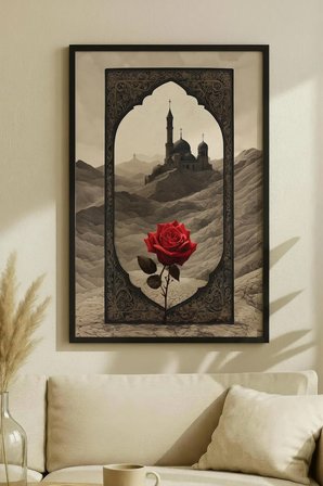 Vintage Desenli Kırmızı Gül ve Cami Motifli Tekli Ahşap Tablo Siyah Ahşap Çerçeveli Ev ve İş Tablosu