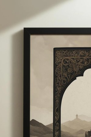Vintage Desenli Kırmızı Gül ve Cami Motifli Tekli Ahşap Tablo Siyah Ahşap Çerçeveli Ev ve İş Tablosu