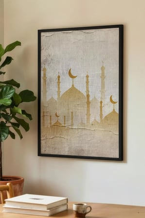 Minimalist Altın Renkli Cami Silüeti Tekli Ahşap Tablo Siyah Ahşap Çerçeveli Ev ve İş Yeri Tablosu