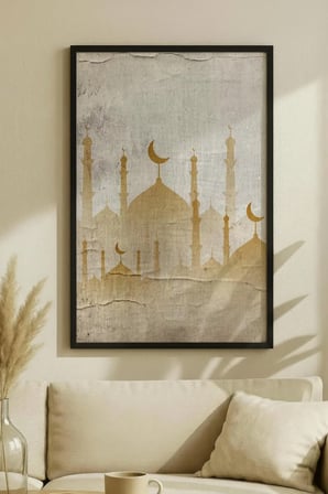 Minimalist Altın Renkli Cami Silüeti Tekli Ahşap Tablo Siyah Ahşap Çerçeveli Ev ve İş Yeri Tablosu
