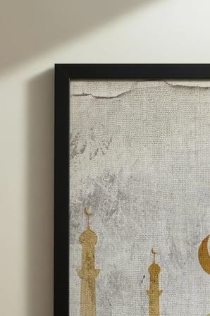 Minimalist Altın Renkli Cami Silüeti Tekli Ahşap Tablo Siyah Ahşap Çerçeveli Ev ve İş Yeri Tablosu