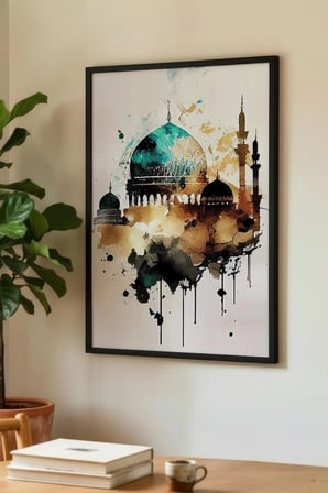 Soyut Suluboya Efektli Yeşil Kubbeli Cami Tekli Ahşap Tablo - Siyah Ahşap Çerçeveli Ev ve İş Tablosu