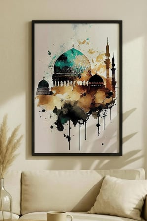 Soyut Suluboya Efektli Yeşil Kubbeli Cami Tekli Ahşap Tablo - Siyah Ahşap Çerçeveli Ev ve İş Tablosu