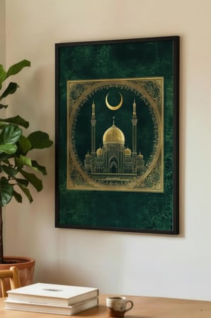 Zümrüt Yeşili Altın İşlemeli Cami Tekli Ahşap Tablo - Siyah Ahşap Çerçeveli Ev ve İş Yeri Tablosu