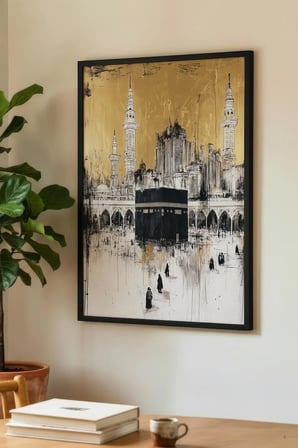 Altın Dokulu Soyut Kabe ve Mescid-i Haram Tekli Ahşap Tablo - Siyah Ahşap Çerçeveli Ev ve İş Tablosu