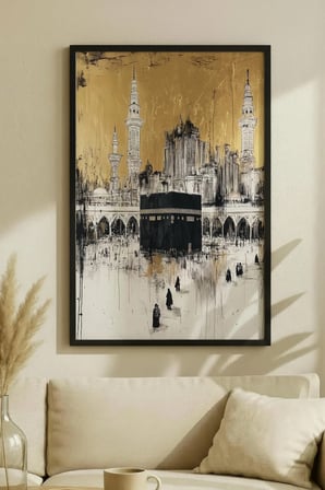 Altın Dokulu Soyut Kabe ve Mescid-i Haram Tekli Ahşap Tablo - Siyah Ahşap Çerçeveli Ev ve İş Tablosu