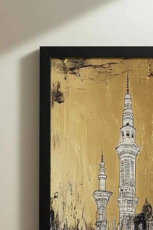 Altın Dokulu Soyut Kabe ve Mescid-i Haram Tekli Ahşap Tablo - Siyah Ahşap Çerçeveli Ev ve İş Tablosu