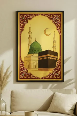 Yeşil Kubbeli Camı Ve Kabe Temalı Tekli Ahşap Tablo - Siyah Ahşap Çerçeveli Ev ve İş Yeri Tablosu