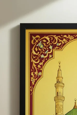 Yeşil Kubbeli Camı Ve Kabe Temalı Tekli Ahşap Tablo - Siyah Ahşap Çerçeveli Ev ve İş Yeri Tablosu