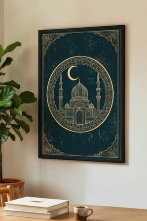 Zümrüt Yeşili Zeminli Altın Desenli Cami Tekli Ahşap Tablo - Siyah Ahşap Çerçeveli Ev ve İş Tablosu