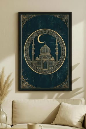 Zümrüt Yeşili Zeminli Altın Desenli Cami Tekli Ahşap Tablo - Siyah Ahşap Çerçeveli Ev ve İş Tablosu