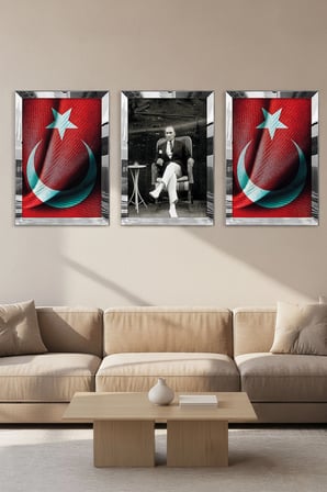 Gümüş Aynalı Pleksi Çerçeveli Türk Bayrağı Ve Atatürk Üçlü Mdf Tablo Seti
