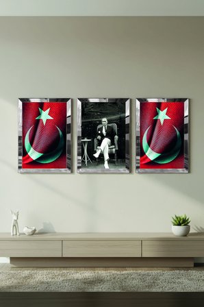 Gümüş Aynalı Pleksi Çerçeveli Türk Bayrağı Ve Atatürk Üçlü Mdf Tablo Seti