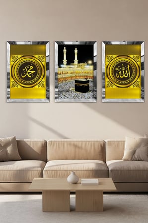 Gümüş Aynalı Pleksi Çerçeveli Kabe Ve Allah Muhammed Lafzı Dini Üçlü Mdf Tablo Seti